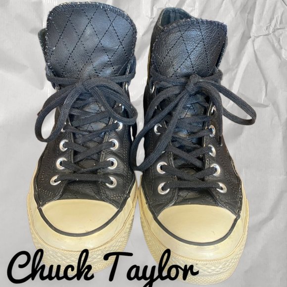 CHUCK TAYLOR CONVERSE ALL STAR BLACK LEATHER HIGH TOPS (W10/M8) - Picture 6 of 7